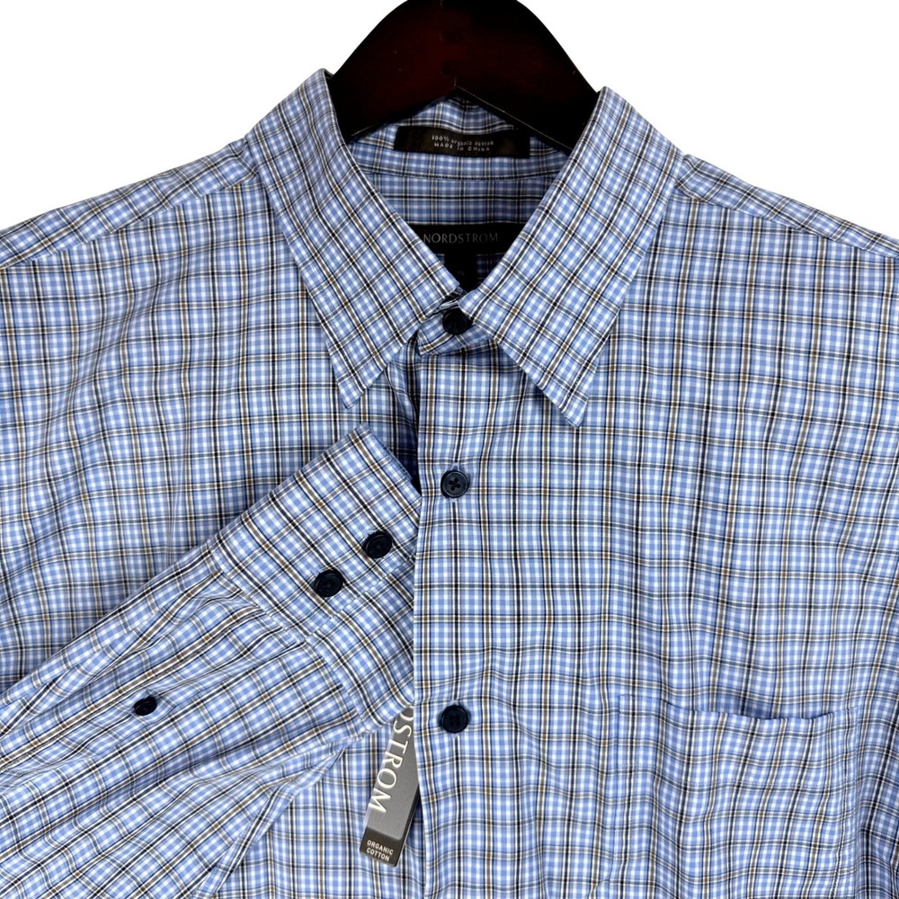 Nordstrom‎ Mens XL Blue Brown Plaid Organic Cotton Button Up Shirt MV213969MN